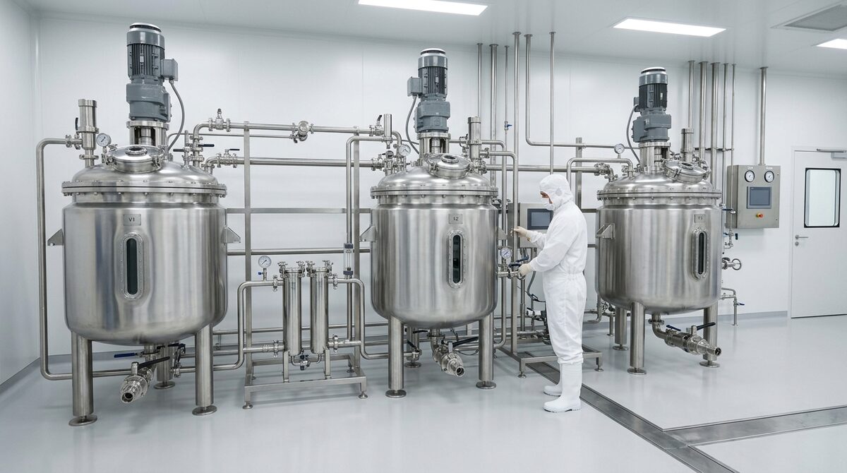 Çok tanklı otomatik konsantre karıştırma ünitesi + steril dereceli son filtrasyon — sistem görseli