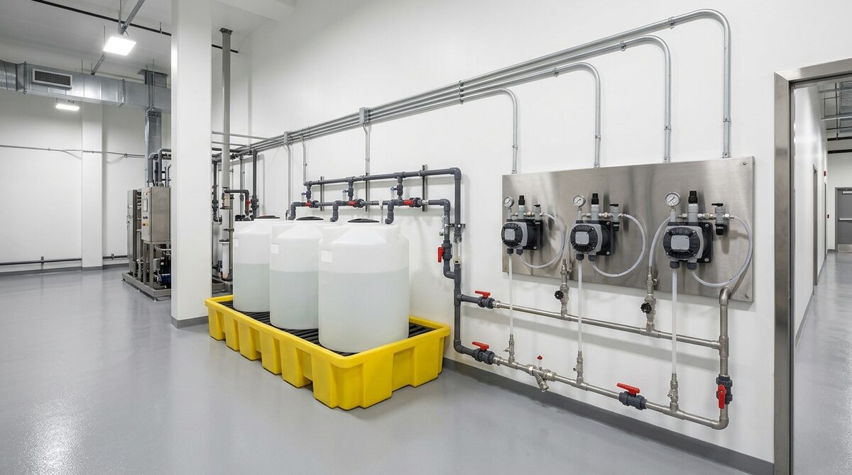 AISI 316L paslanmaz çelik dozaj/depolama tankı + dozaj pompası ve otomasyon paketi — sistem görseli